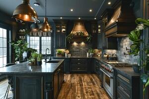 AI generated modern kitchen design with wooden flooring interior professional advertising photography photo