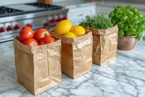 AI generated fresh produce and grocery bags sitting on top of a countertop professional advertising food photography photo