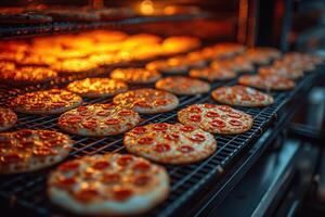 AI generated View inside the oven tray baking pizza professional advertising food photography photo