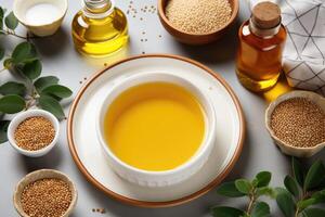 AI generated sesame oil extract with isolated kitchen table professional advertising food photography photo