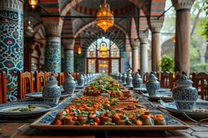 AI generated serves various meal to iftar Ramadan advertising food photography photo