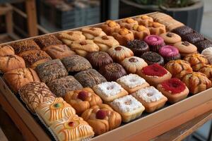 ai generado un grande regalo caja lleno con un variedad de chocolates y galletas profesional publicidad comida fotografía foto