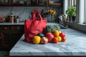 AI generated fresh produce and grocery bags sitting on top of a countertop professional advertising food photography photo