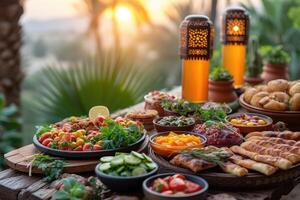 AI generated serves various meal to iftar Ramadan advertising food photography photo