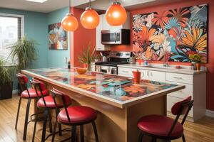 AI generated modern kitchen with countertops colorful and playful patterns interior designer professional advertising photography photo