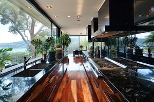 AI generated modern kitchen design with wooden flooring interior professional advertising photography photo