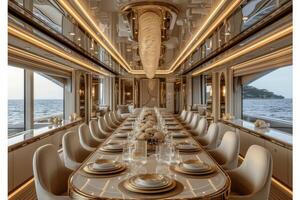 AI generated Dining table on the upper deck fancy yacht professional advertising food photography photo