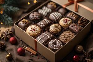 ai generado un grande regalo caja lleno con un variedad de chocolates y galletas profesional publicidad comida fotografía foto