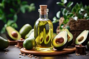 AI generated avocado oil extract with isolated kitchen table professional advertising food photography photo