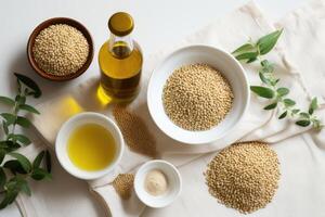 AI generated sesame oil extract with isolated kitchen table professional advertising food photography photo