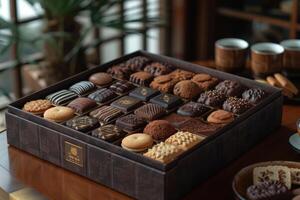 ai generado un grande regalo caja lleno con un variedad de chocolates y galletas profesional publicidad comida fotografía foto