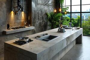 AI generated industrial kitchen design with concrete professional advertising photography photo