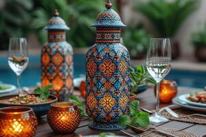 AI generated Dining table with ramadan vibes decoration Holy month of Ramadan concept professional advertising food photography photo