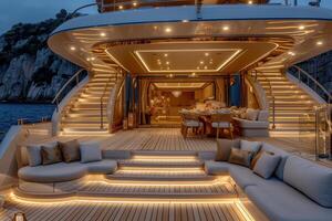 AI generated Dining table on the upper deck fancy yacht professional advertising food photography photo