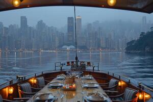 AI generated dining table in the yacht design professional advertising photography photo