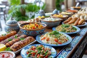 ai generado sirve varios comida a iftar Ramadán publicidad comida fotografía foto