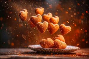 AI generated heart chocolate cookies flying in the air professional advertising food photography photo