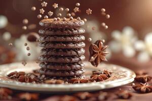 AI generated heart chocolate cookies flying in the air professional advertising food photography photo