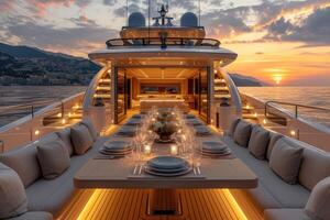 AI generated Dining table on the upper deck fancy yacht professional advertising food photography photo