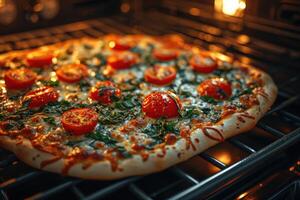 AI generated View inside the oven tray baking pizza professional advertising food photography photo