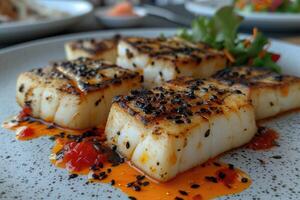 AI generated A plate of a well plated cooked Japanese dish on a table top professional advertising food photography photo