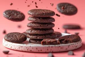 AI generated heart chocolate cookies flying in the air professional advertising food photography photo