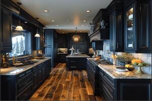 AI generated modern kitchen design with wooden flooring interior professional advertising photography photo