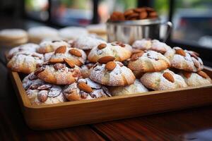 ai generado dulce almendra galletas en el mesa profesional publicidad comida fotografía foto