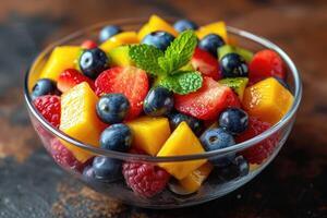 AI generated Fresh mixed fruits salad in a bowl professional advertising food photography photo