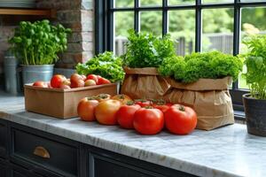 AI generated fresh produce and grocery bags sitting on top of a countertop professional advertising food photography photo