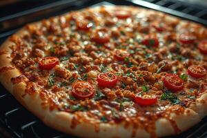 AI generated View inside the oven tray baking pizza professional advertising food photography photo