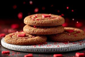 AI generated heart chocolate cookies flying in the air professional advertising food photography photo