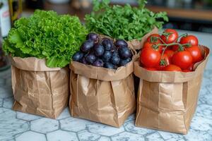 AI generated fresh produce and grocery bags sitting on top of a countertop professional advertising food photography photo