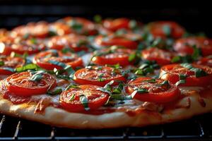 AI generated View inside the oven tray baking pizza professional advertising food photography photo