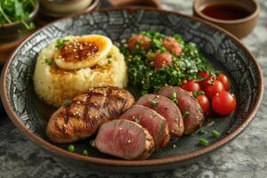 AI generated A plate of a well plated cooked Japanese dish on a table top professional advertising food photography photo
