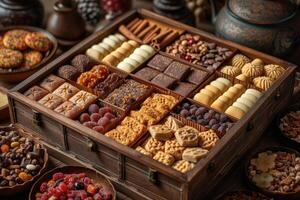 AI generated A large gift box filled with a variety of chocolates and cookies professional advertising food photography photo