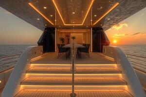 AI generated Dining table on the upper deck fancy yacht professional advertising food photography photo