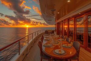 AI generated Dining table on the upper deck fancy yacht professional advertising food photography photo