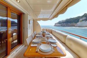 AI generated Dining table on the upper deck fancy yacht professional advertising food photography photo