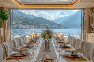 AI generated Dining table on the upper deck fancy yacht professional advertising food photography photo