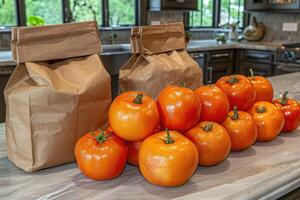 AI generated fresh produce and grocery bags sitting on top of a countertop professional advertising food photography photo