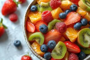 AI generated Fresh mixed fruits salad in a bowl professional advertising food photography photo