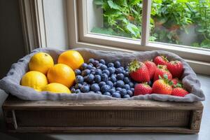 ai generado Fresco frutas regalo caja profesional publicidad comida fotografía foto