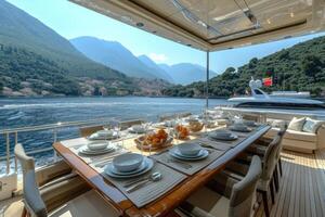 AI generated Dining table on the upper deck fancy yacht professional advertising food photography photo