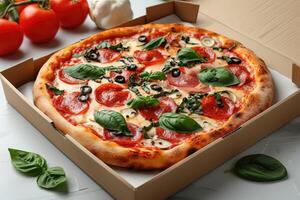 AI generated takeaway or delivery pizza box professional advertising food photography photo