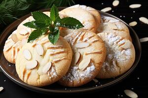 ai generado dulce almendra galletas en el mesa profesional publicidad comida fotografía foto