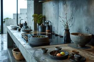 AI generated industrial kitchen design with concrete professional advertising photography photo