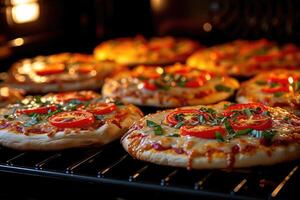 ai generado ver dentro el horno bandeja horneando Pizza profesional publicidad comida fotografía foto