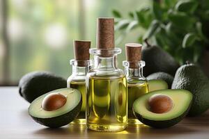 AI generated avocado oil extract with isolated kitchen table professional advertising food photography photo