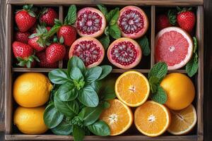 ai generado Fresco frutas regalo caja profesional publicidad comida fotografía foto